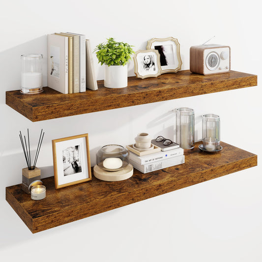 Marsmiles 40" Floating Shelves for Wall, Wooden Shelves with Invisible Brackets Set of 2, Rustic Farmhouse Wall Mounted Shelf for Kitchen Bathroom Living Room Study, Rustic Brown