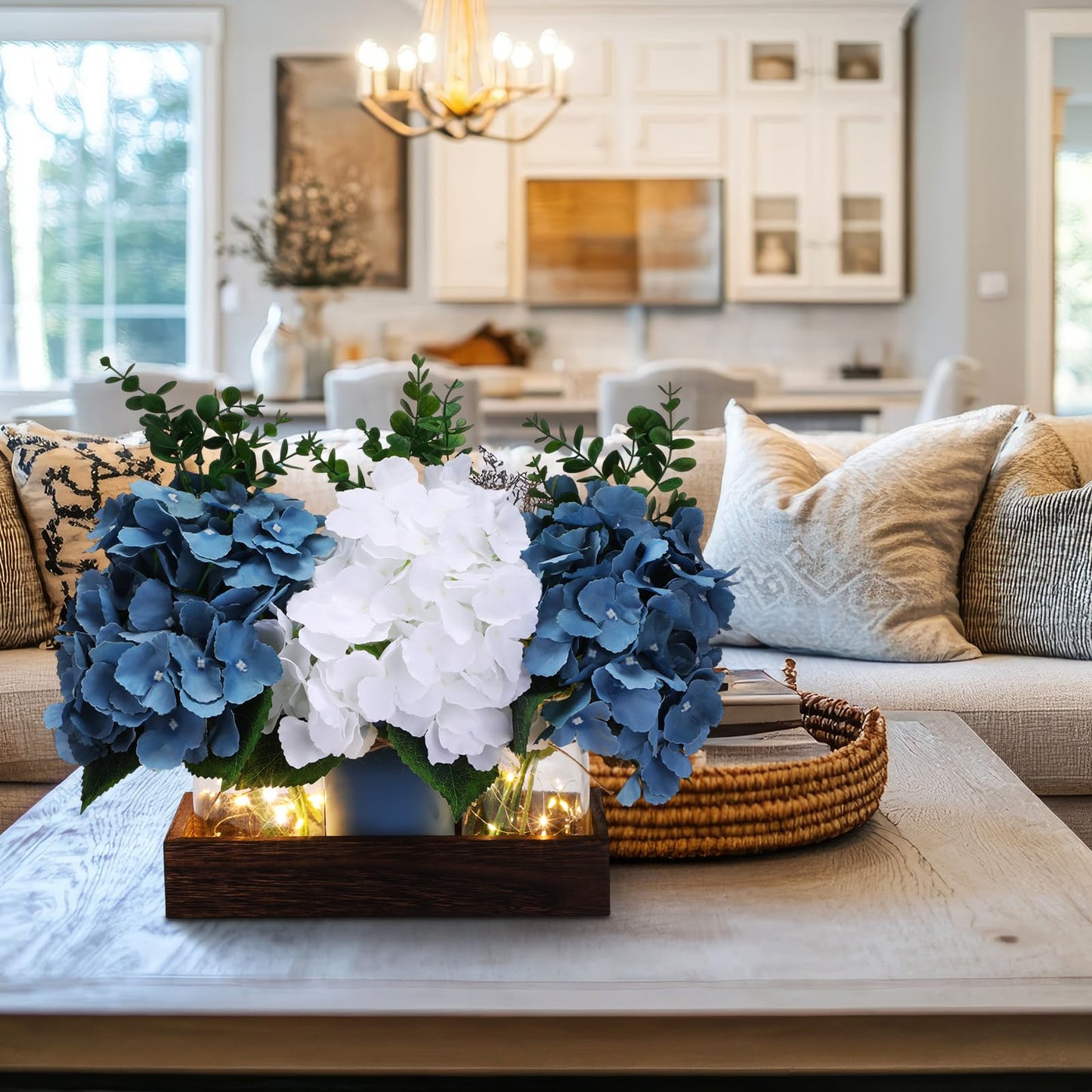 Suncalla 3 Pcs Blue Hydrangea Centerpiece for Table Artificial Hydrangea Flowers with LED Light Mason Jar Wood Tray Eucalyptus Stems Blue Table Decor for Coffee Wedding Kitchen Dining Living Room