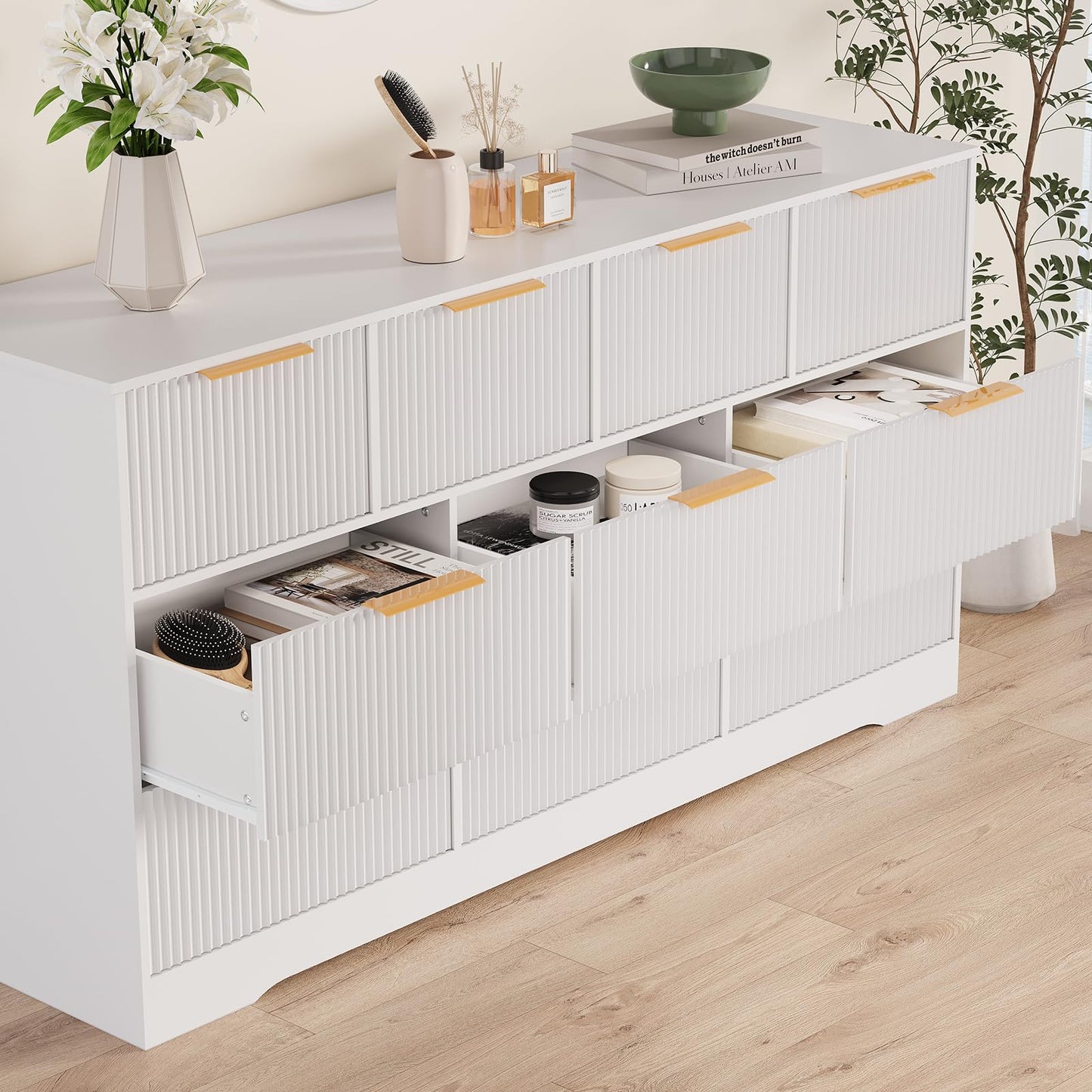 Patikuin 59" Fluted 10 Drawer TV Stand, Wooden Dresser TV Stand with Organizer Storage for Living Room, Bedroom, Office, White