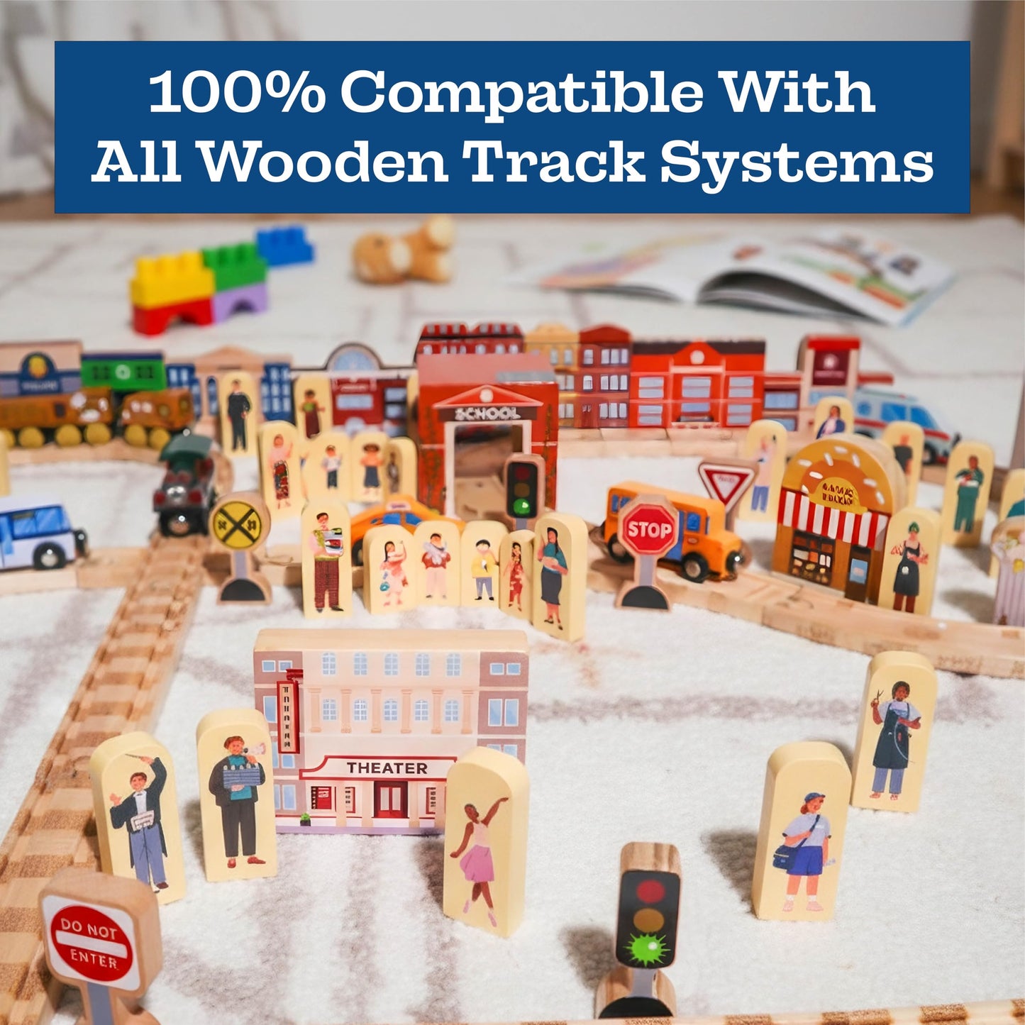 56 Piece Wooden Street and Train Track Set - for Wooden Vehicles and Trains - Train Track Accessories Compatible with All Wood Train Track Sets