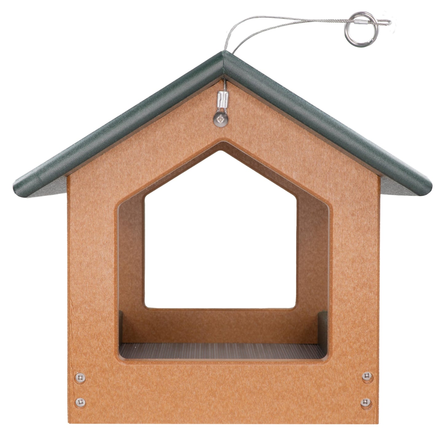 DutchCrafters Amish USA Made Recycled Plastic Large Hanging Modern Fly Through Covered Roof Open Platform Tray Bird Feeder for Outdoors, Garden, Yard (Turf Green & Bright Cedar)