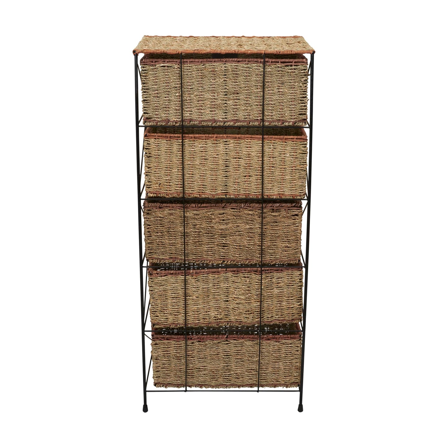 Household Essentials 5 Drawer Seagrass Wicker Storage Tower with Handwoven Rattan Design and Strong Metal Frame, Natural Rustic Modern Finish