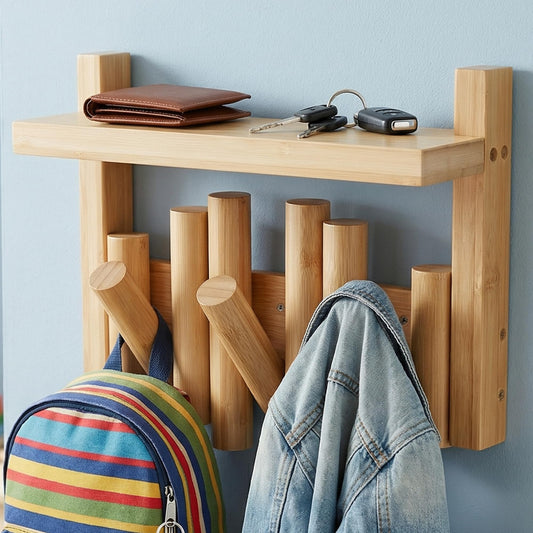 AURA NEST Bamboo Wall Mounted Coat Rack with Shelf Flip Down Wooden Hooks for Entryway Hallway Bedroom | Natural Piano Hanger, 3 Hooks, Space Saving Organizer