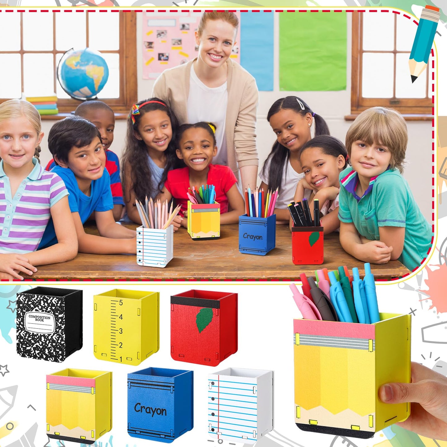 Sherr 6 Pcs Wooden Pencil Dispenser for Classroom Back to School Pencil Holder Classroom Pen Holder Storage Organizer for Teachers Classrooms Office Desk Organization