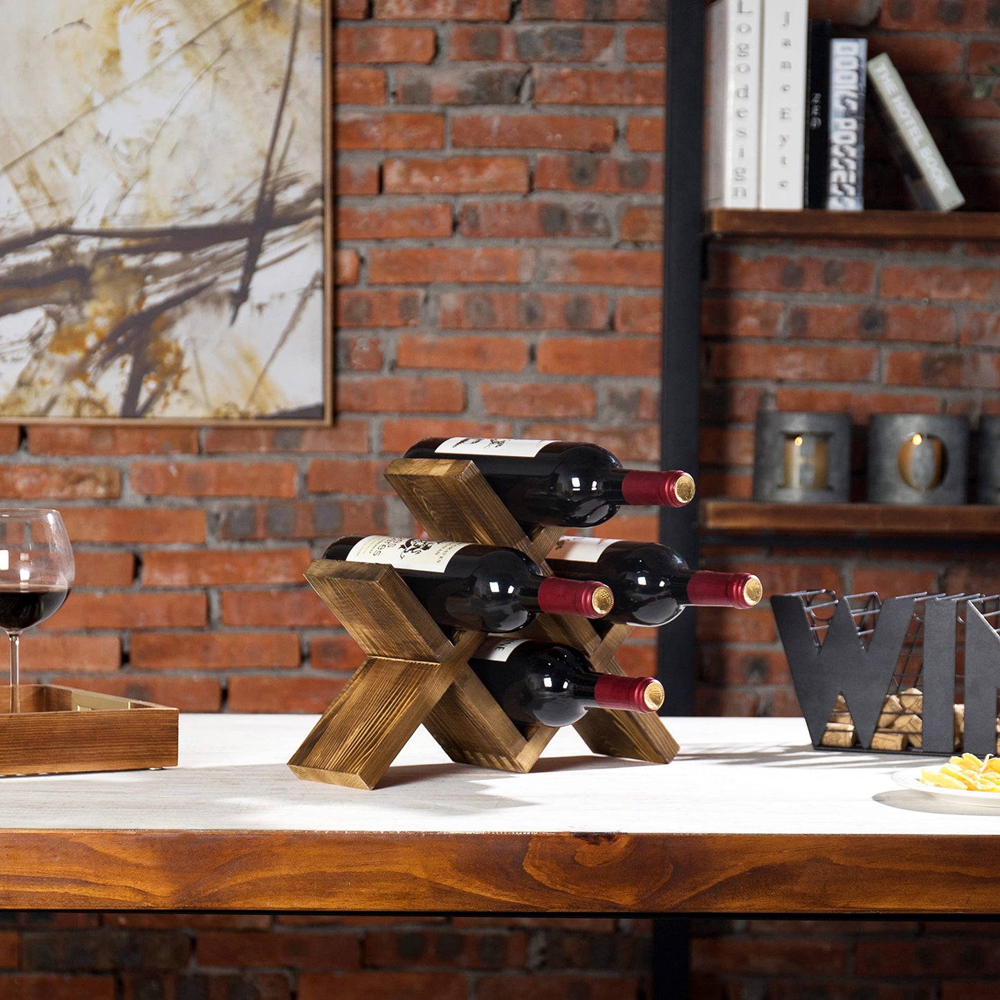 MyGift 4-Bottle Rustic Brown Wood Wine Rack for Countertop - Brushed Country Rustic Style, Compact Storage for Kitchen, Bar, Dining Room (Holds 750ml Bottles)