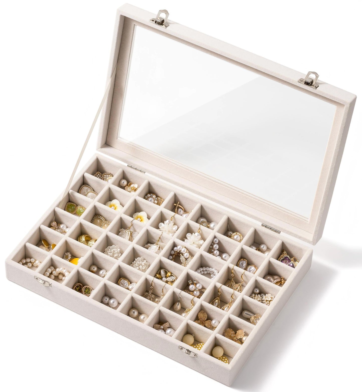 Josmimic 48 Grid Earring Organizer and Storage: Velvet Jewelry Tray with Lid, Jewelry Box for Studs, Earrings, Rings, Necklaces, Dresser & Vanity, Earrings Case for Girls, Women, 13"x8.6"x2.4", Beige