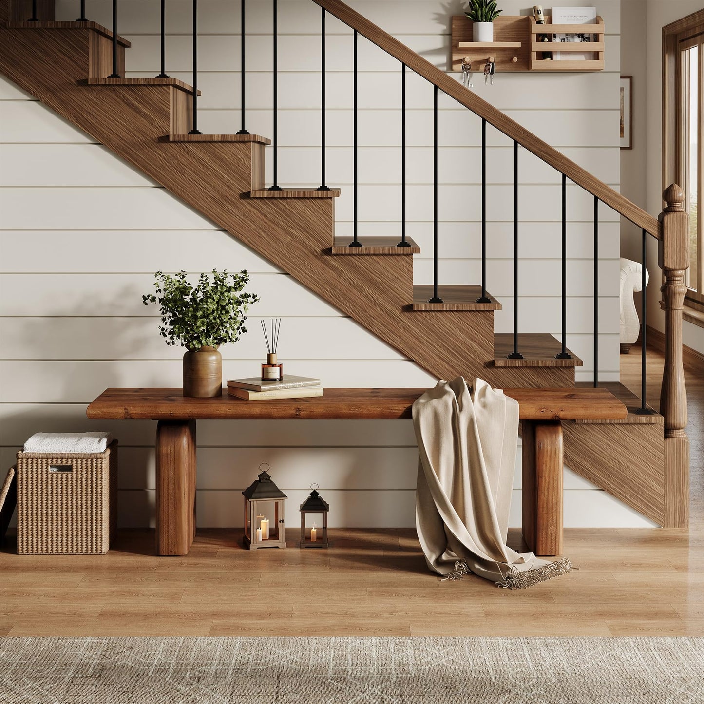 TRIBEWOOD 62.99-Inch Solid Wood Entryway Bench, Farmhouse Indoor Wooden End of Bed Bench for Entryway, Hallway, Bedroom, Dining Room, Living Room, Easy Assembly, Rustic Brown