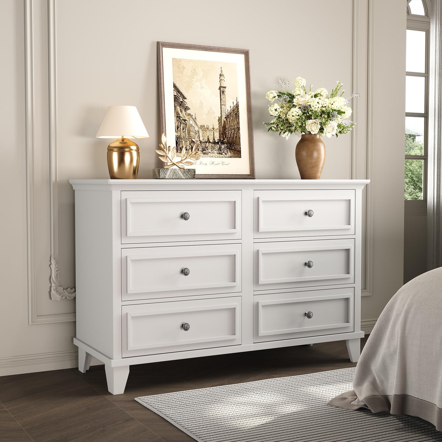 GarveeHome Farmhouse White Dresser for Bedroom with 6 Drawer, Double Dresser TV Stand with Vintage Handle, Wide Wood Dressers & Chests of Drawers, 6 Drawer Dressers for Bedroom, Living Room, Hallway