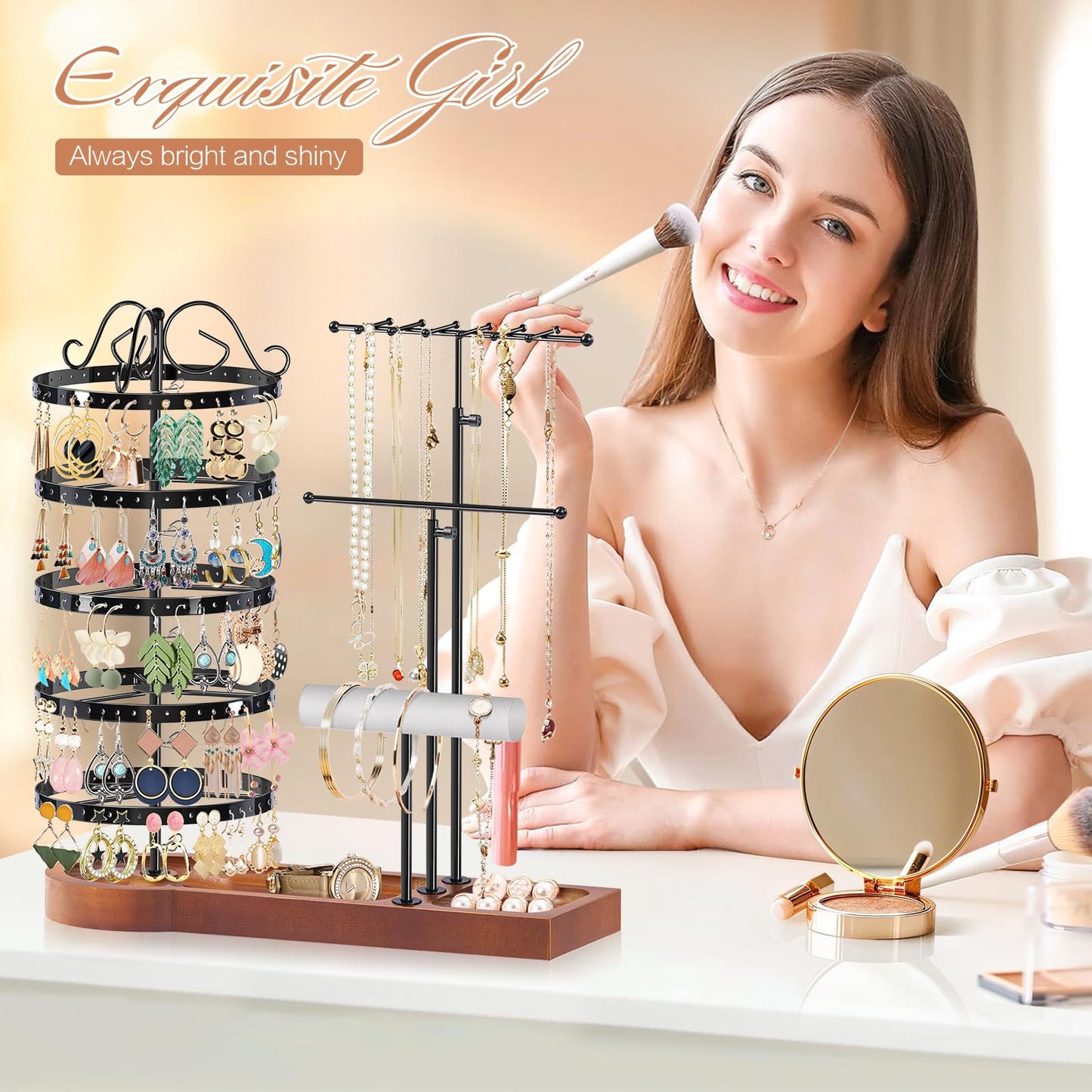 KALYLOC Jewelry Earring Holder Organizer, Adjustable 5 Tiers Rotating Earring Holder 3 Tier Necklace Holder with Wooden Base, Multi-Functional Jewelry Organizer Display Stand for Studs Bracelet Women