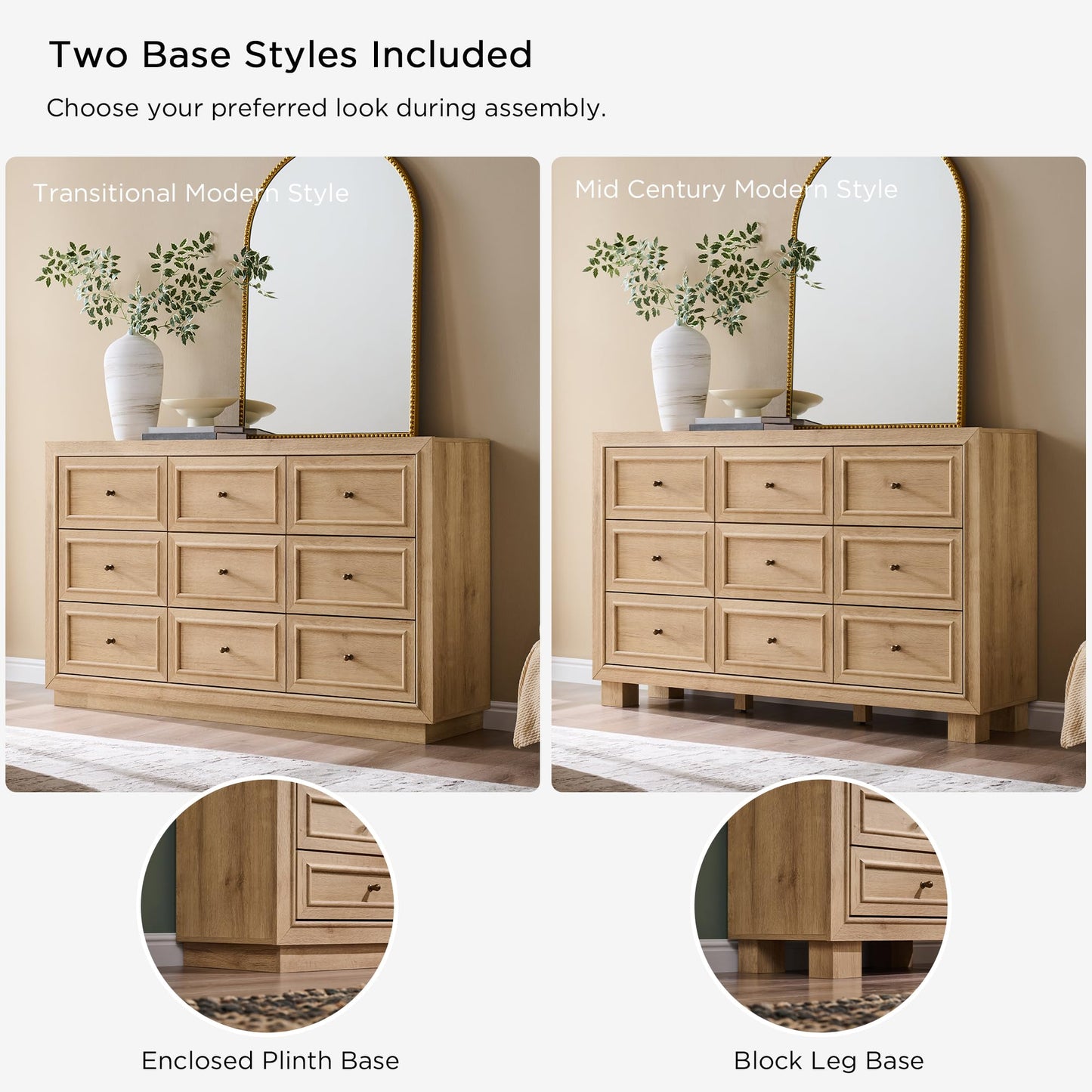 ACCOHOHO 9 Drawer Dresser with Two Included Base Styles, 52" Wide Chest of Drawers, Transitional Modern Closet Dresser with Antique Brass Knobs, Wooden TV Stand for Bedroom, Living Room, Natural Oak
