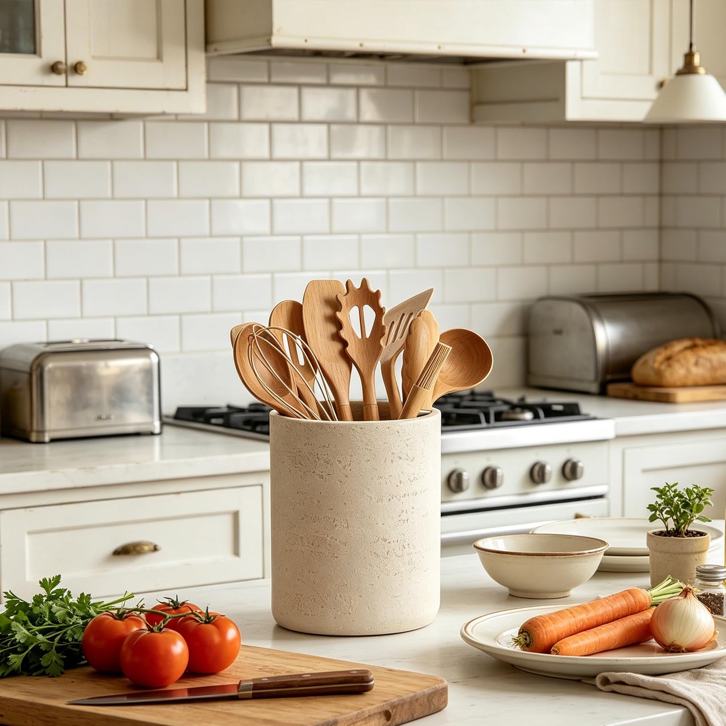 Rustic Beige Stone-Look Utensil Crock for Kitchen Counter – 6" x 7" Heavy Resin Holder with Non-Slip Base, Organizes Wooden Spatulas & Cooking Utensils, Farmhouse Kitchen Decor