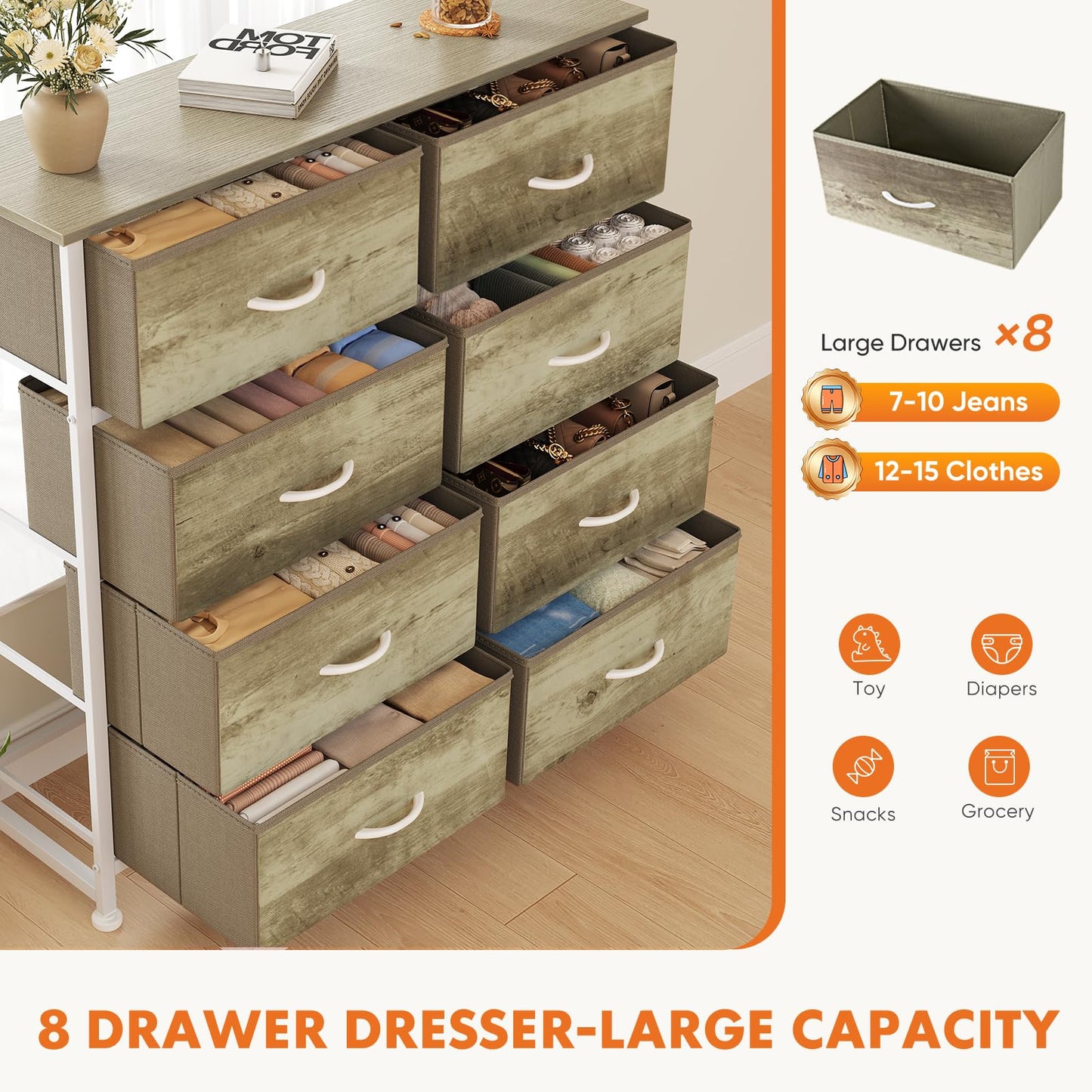 Sweetcrispy 8 Drawer Dresser for Bedroom, Large Fabric Storage Tower