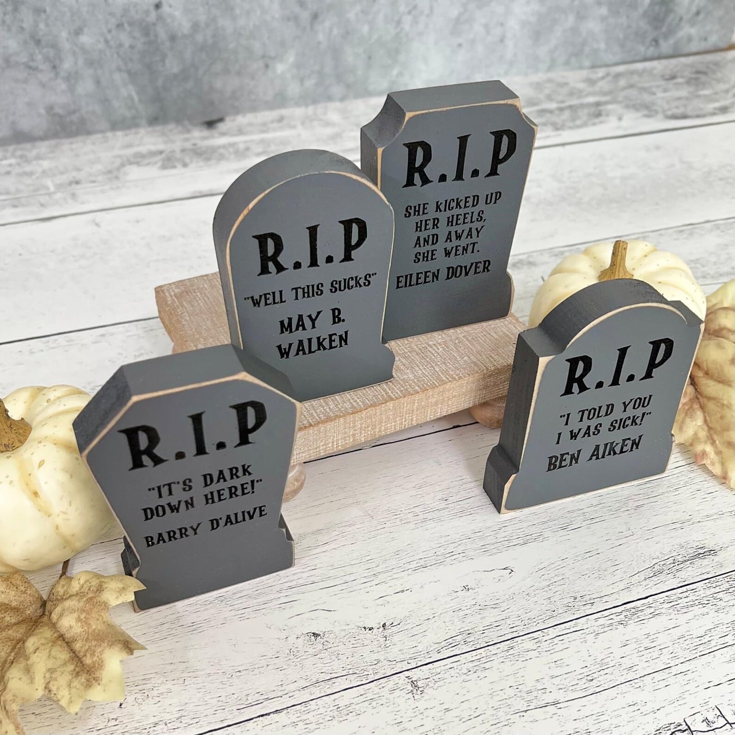 Wooden Funny Tombstone Shelf Sitter, Chunky Wooden Gravestone, Halloween Tiered Tray Decor, Halloween Mantel Decor, Halloween Table Decor (Eileen Dover)
