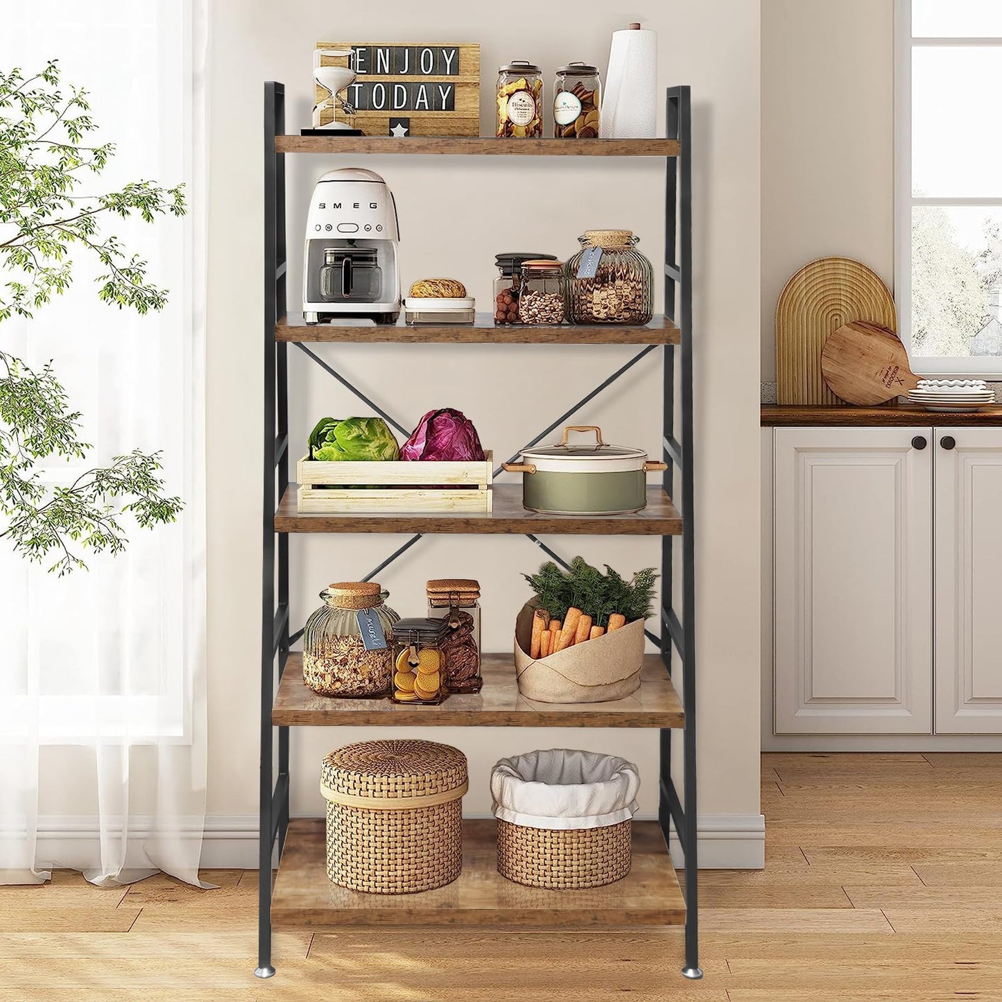 TooCust 5 Tier Ladder Bookshelf, Heavy Duty Rustic Brown Wood and Metal Bookcase with 1.2" Thick Shelves, 63" H x 30" W x 14" D, Industrial Open Storage Shelving for Living Room, Bedroom, Kitchen