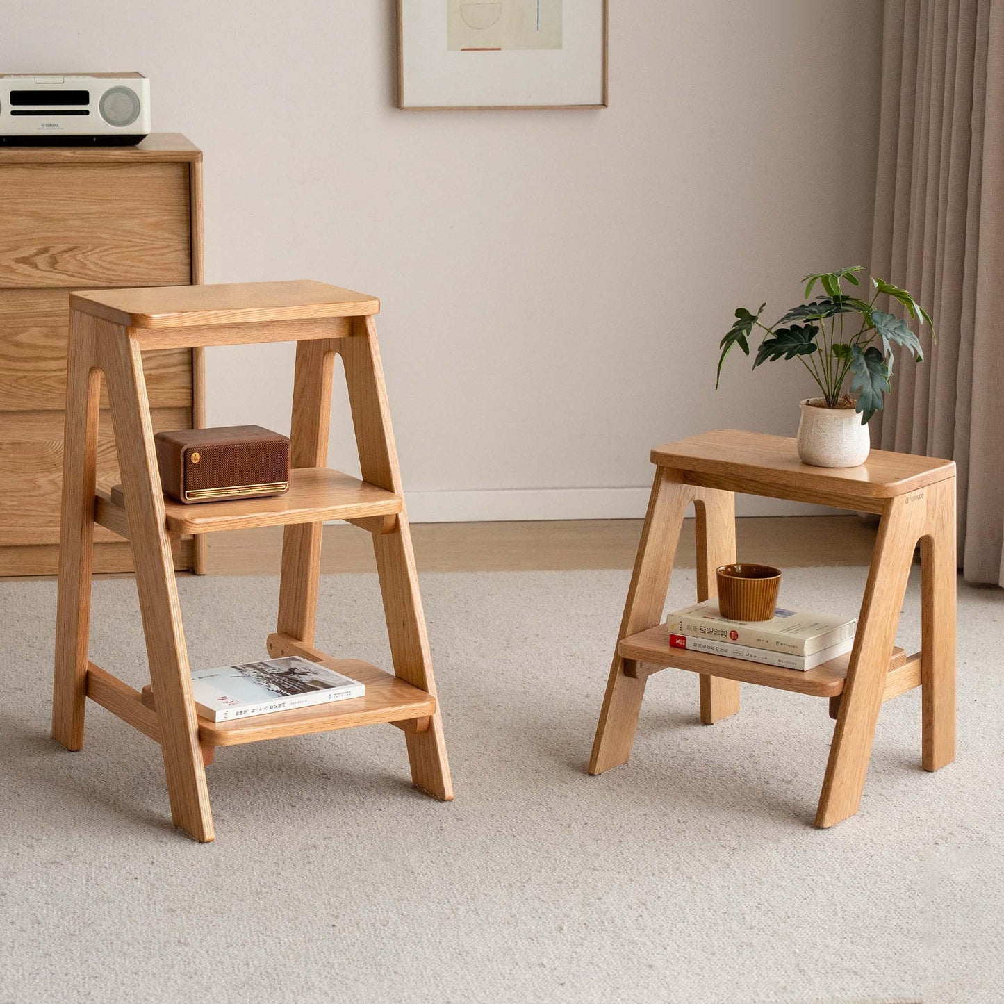 YESWOOD 100% Solid Oak Wood 3 Step Stool, Multifunctional 3-Tier End Table Nightstand Plant Stand Counter Barstool Dining Stool for Living Room Bedroom Kitchen (Natural Oak, 3-Tier)