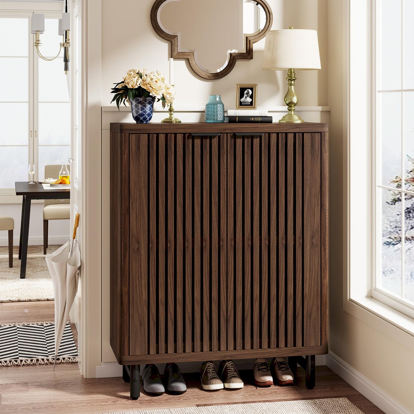 Tribesigns Farmhouse Shoe Cabinet with Shutter Doors, Large 6-Tier Wooden Shoe Organizer Rack with Adjustable Shelves, Modern Hidden Storage Furniture for Entryway, Hallway (Dark Walnut)