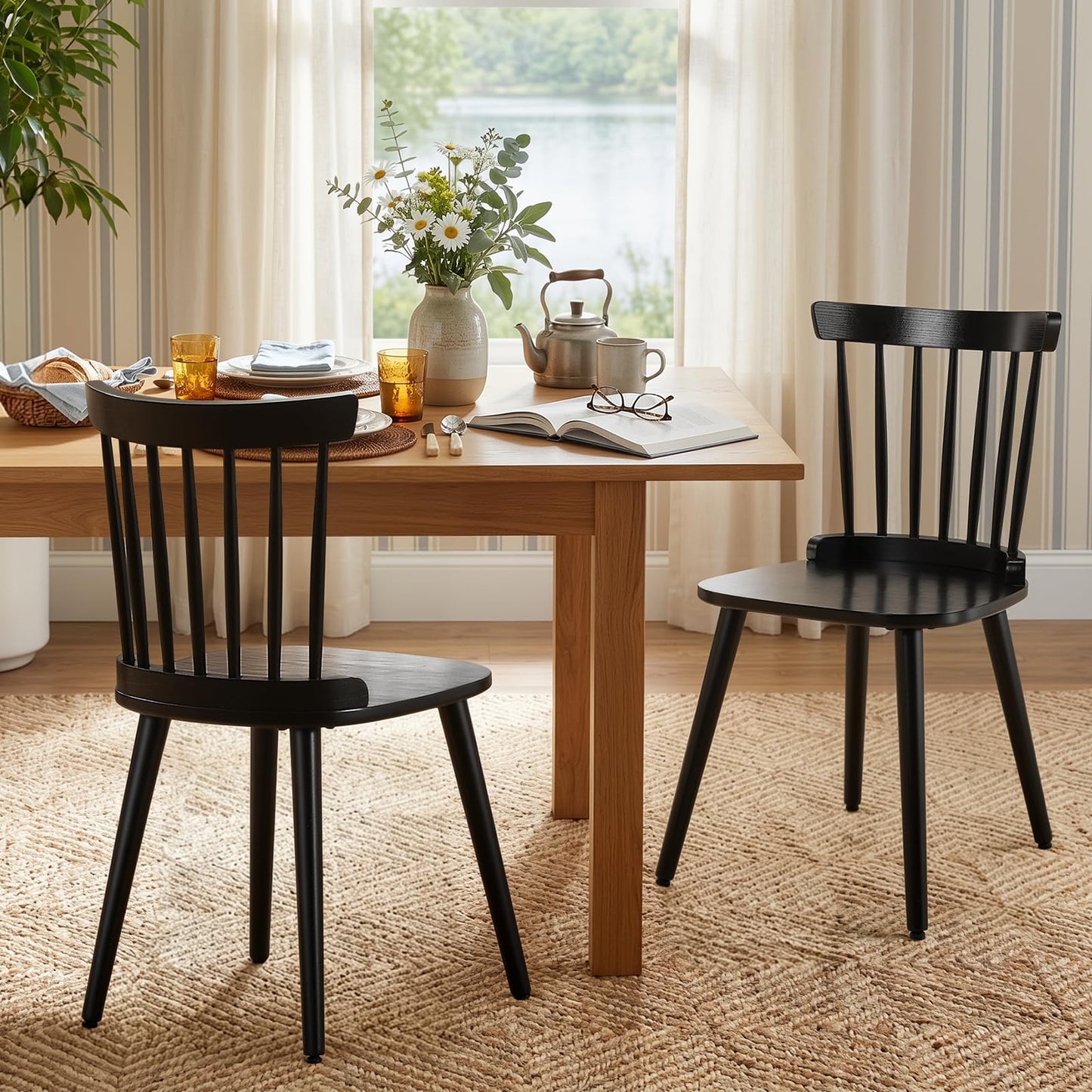 WOOW DEPOT Black Dining Chairs Set of 2, Farmhouse Windsor Spindle Back