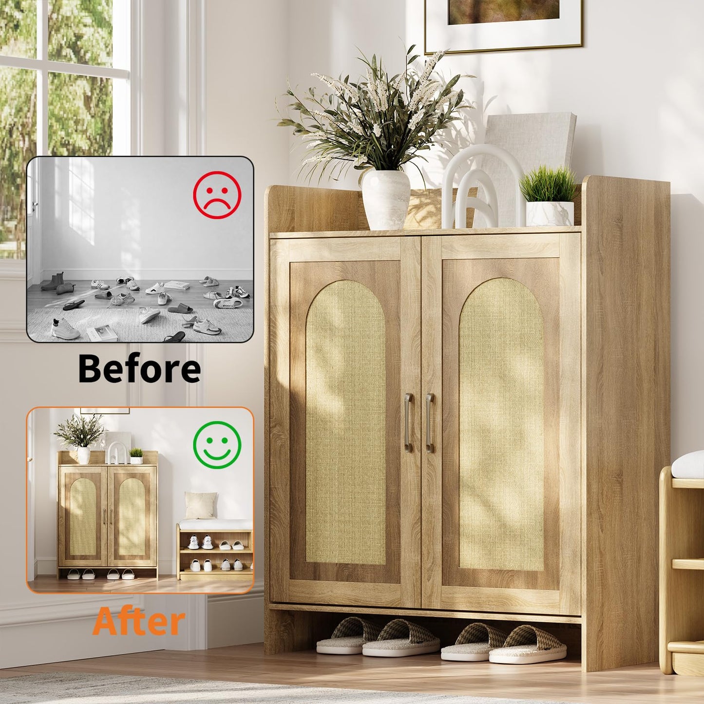 Garvee Shoe Cabinet Storage for Entryway, Rattan Storage Cabinet, Wooden Shoe Rack with 2 Doors, Farmhouse Boho Wood Shoe Organizer Cabinet for Entrance Hallway Living Room Foyer