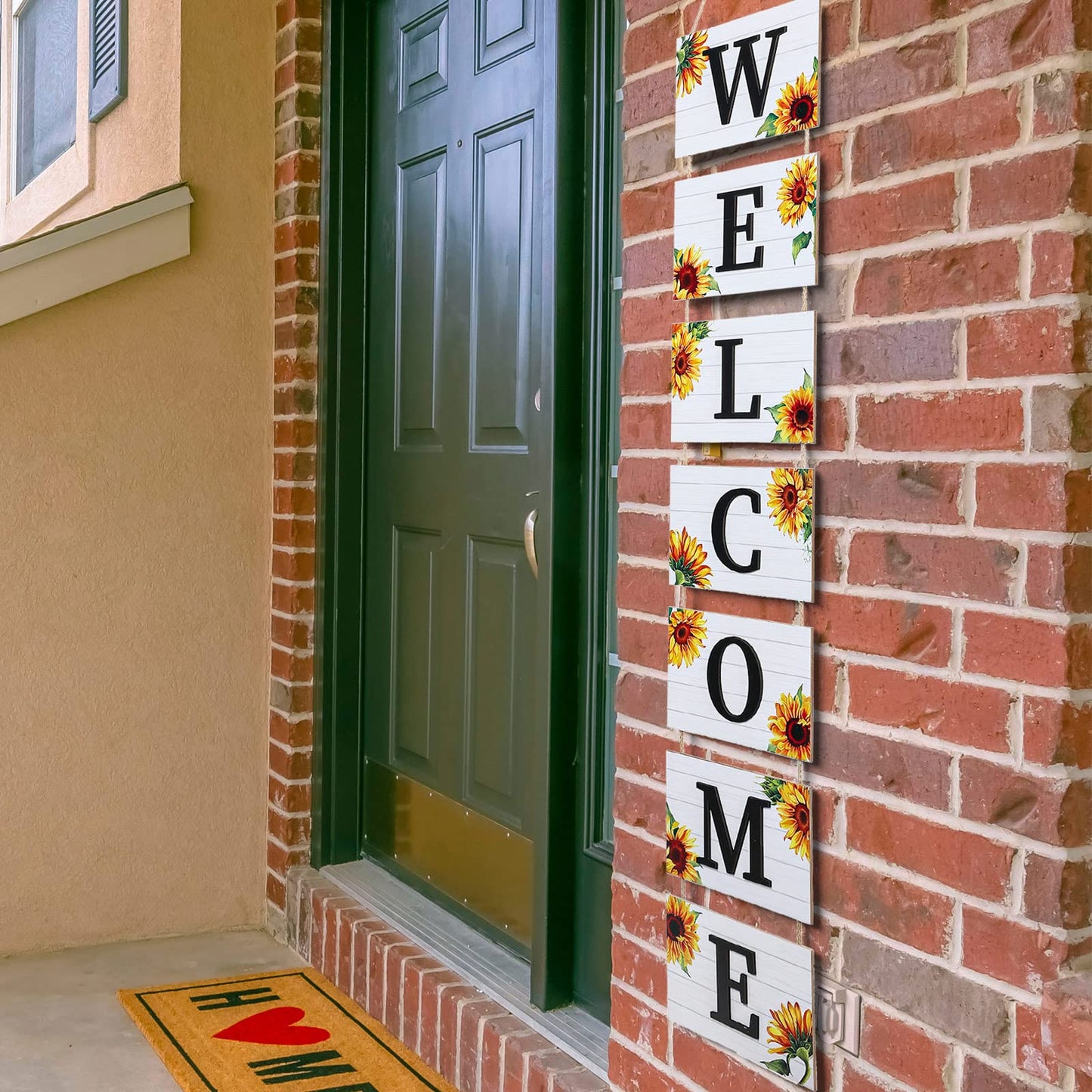 Threan 59 Inch Sunflower Welcome Signs Wooden Porch 3D Welcome Hanging Wall Rustic Wooden Signs with 7 Sunflower Panels Farmhouse Front Porch Summer Outdoor Decor Home Kitchen Garden