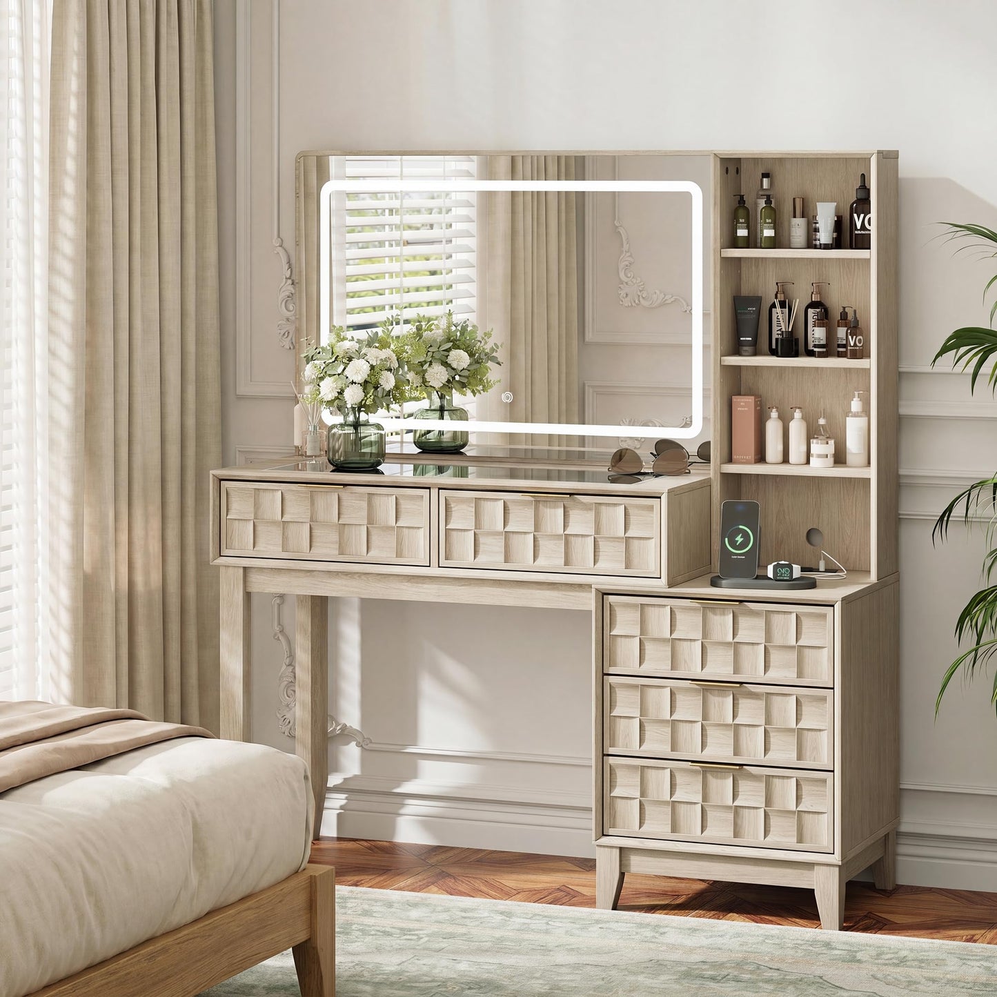 50" Checkerboard Vanity Desk, Wooden Dressing Table with Built-in Power Strip with USB & Type-C, Large Glass Top Makeup Vanity with 5 Drawers & 4 Storage Shelves, Oak Wood