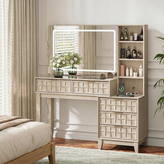 50" Checkerboard Vanity Desk, Wooden Dressing Table with Built-in Power Strip with USB & Type-C, Large Glass Top Makeup Vanity with 5 Drawers & 4 Storage Shelves, Oak Wood