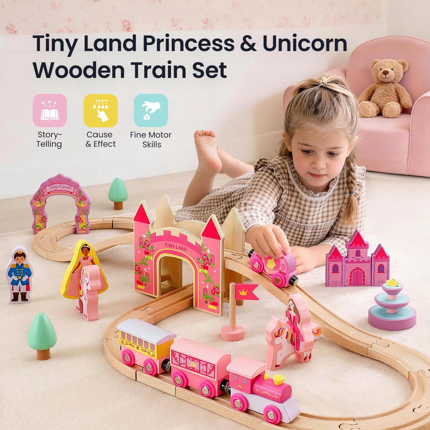 Tiny Land Wooden Train Set for Girls, 38PCS Unicorn Princess Train Set with Castle Bridge & Royal Accessories, Pink Fantasy Train Track Set, Gift for Toddlers Girl Toys Ages 3+