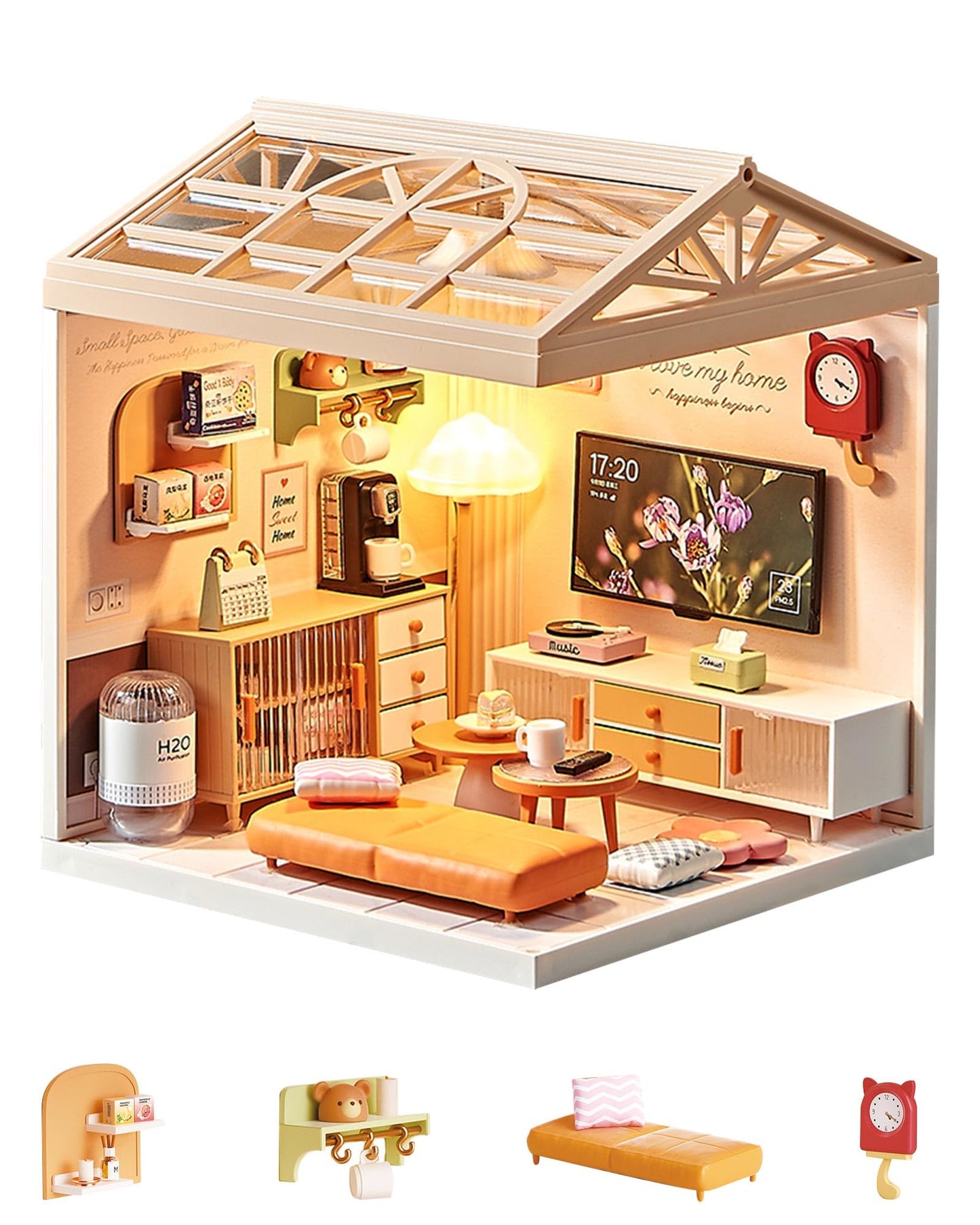 Kisoy DIY Miniature House Kit, Tiny House Kit with Furniture and LED Light, Mini Blocks Model Kit Sets, DIY Crafts/Hobbies Toys for Adults and Teens (Living Room)