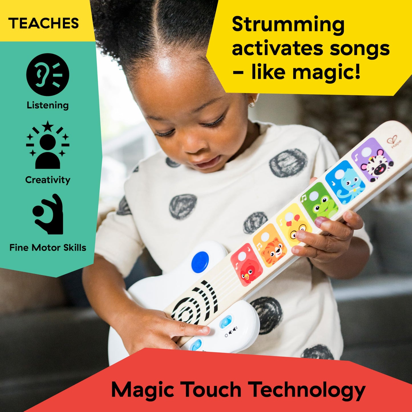 Baby Einstein Strum Along Songs Magic Touch Wooden Toy Guitar with Whammy Bar, Montessori Musical Learning Toy with Lights, 12mo+