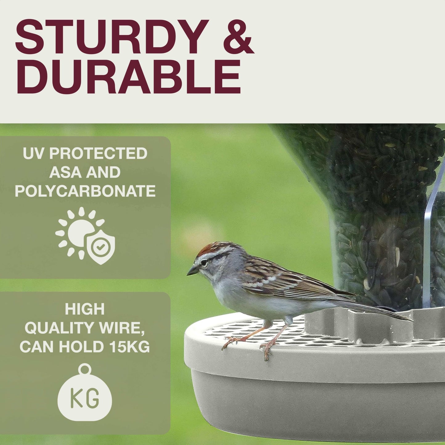 SWISSINNO Bird Feeders - No Mess Hanging Bird Feeder for Outdoors - Smart Birds Davos Spill Proof Wild Cardinal & Small Bird Feeder with Integrated Seed Catcher Tray - Dual Chamber - Light Grey