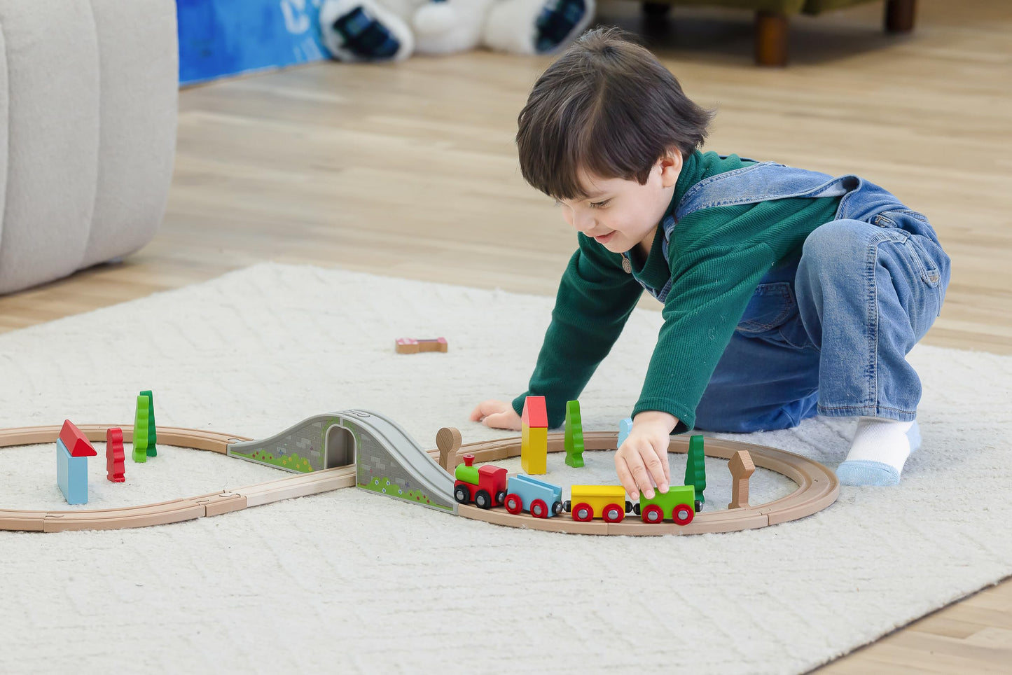 Jasey's Toy Chest 33-Piece Wooden Little Town Train Adventure Set | Interlocking Tracks, Bridge, & Town Accessories | Compatible with Other Wooden Train Sets | for Toddlers Ages 3+