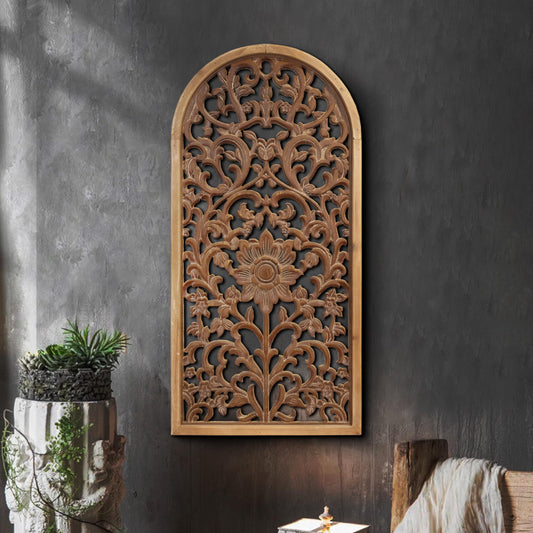 WREVERW Rustic Boho Arched Wood Wall Art, Hand-Carved Floral Panel with Distressed Brown Finish, Vintage Farmhouse Hanging Wall Sculpture for Living Room Bedroom Entryway, 15" x 31"