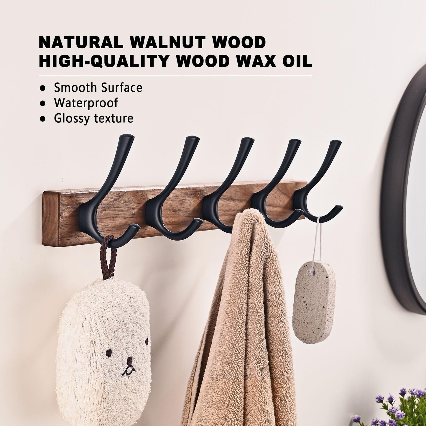 LECHYN 2 Pack 17.3" Small Walnut Wood Coat Rack Wall Mount with 5 Hooks, Heavy Duty Wooden Jacket Hanger Door Mounted for Decorative Entryway and Bathroom Hanging Towel Backpack Purse Clothes Hat Key