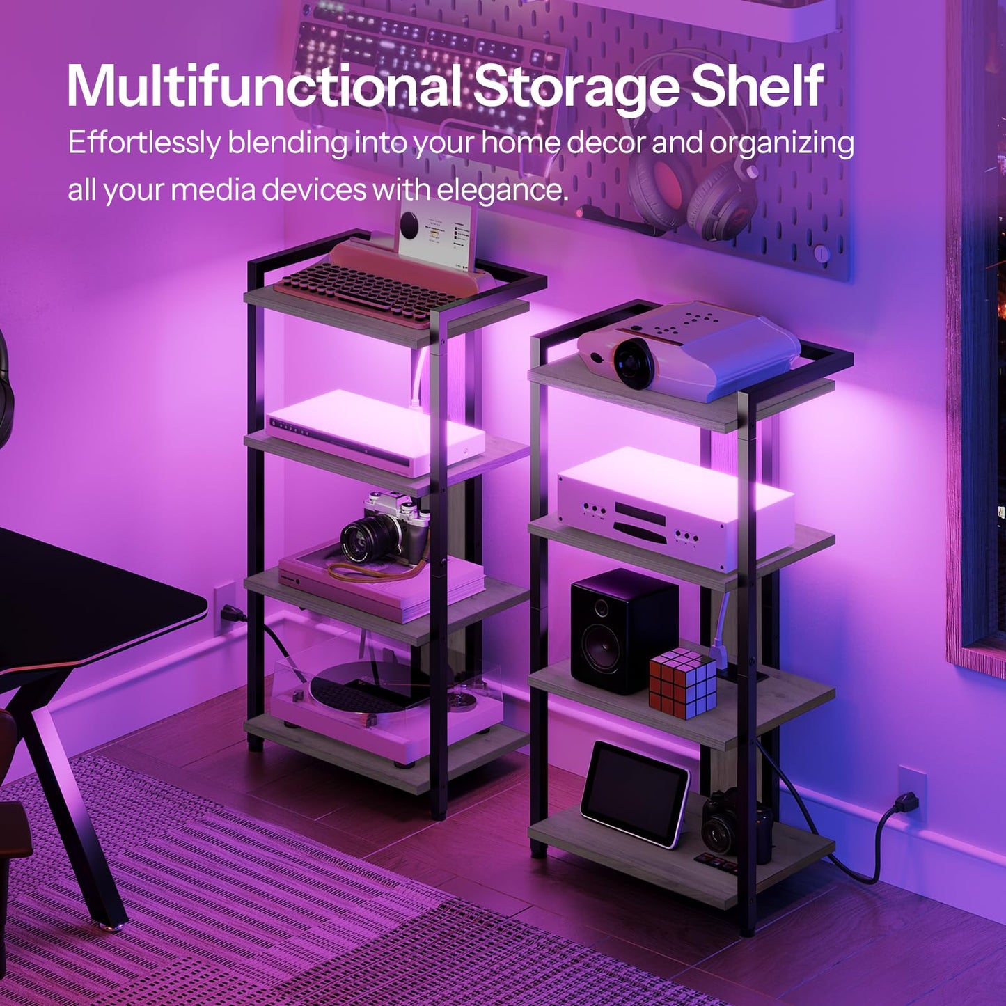 HOOBRO 4-Tier AV Media Stand, Media Console with Charging Station and LED Light, Wooden Stereo Cabinet, Corner TV Stand, Record Player, Entertainment Device Stand, BG38UDCJ01