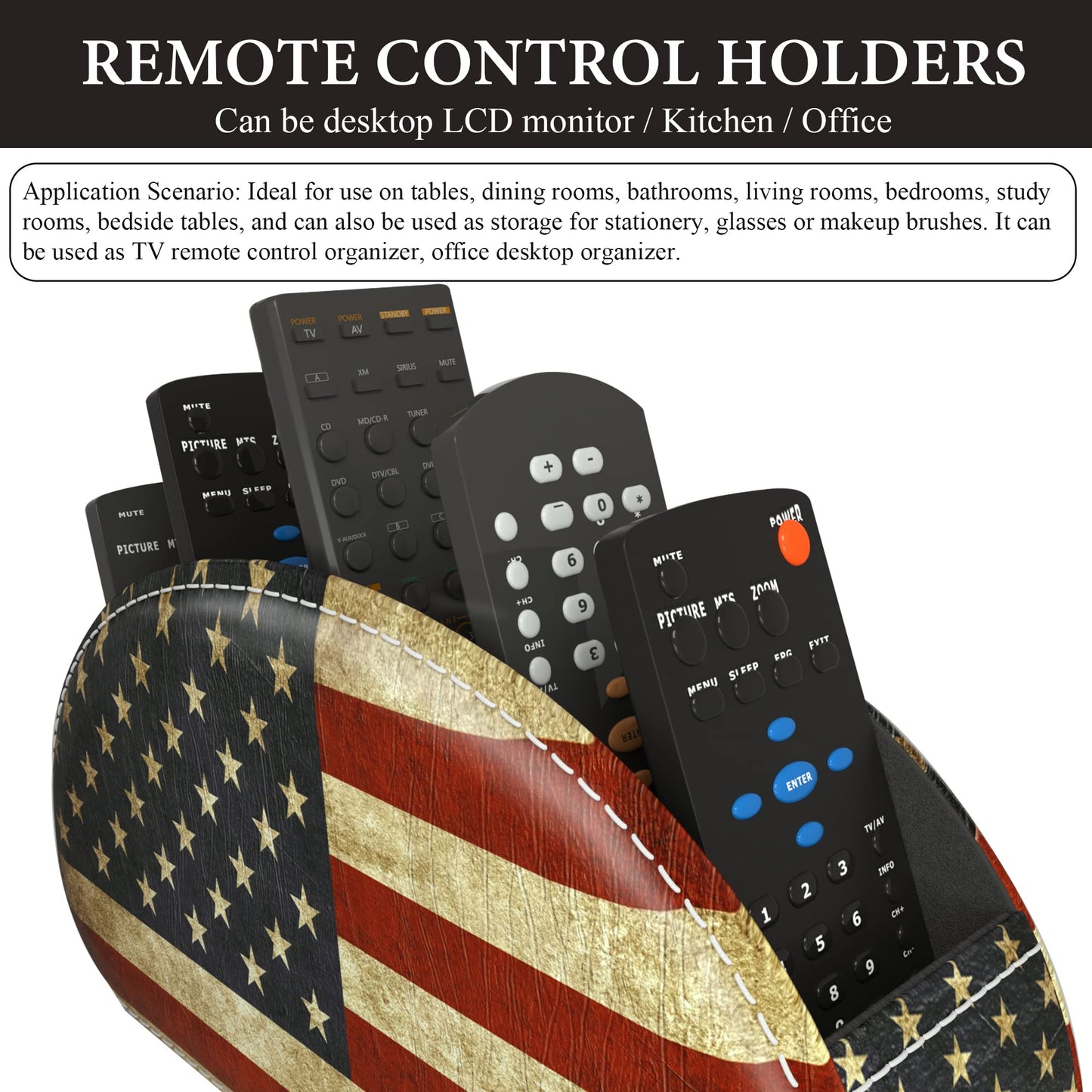 QIELIZI Leather Remote Caddy Desktop Organizer with 5 Spacious Compartments for TV Remotes/Media Controllers/Office Supplies (American Flag)
