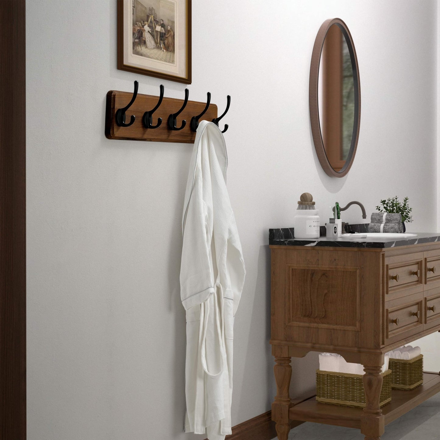 Dseap Wall Mounted Coat Rack: Patented, Heavy-Duty, 17.4" Long 5-Double-Hooks Wooden Hanger Rail for Winter Coats, Hat, Jacket, Clothing - Natural & Black