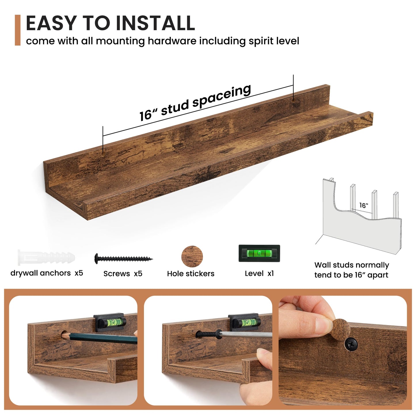 Fun Memories Picture Ledge Shelves Set of 2, 24 Inch Rustic Wall Mounted Floating Shelves with Lip for Home Storage and Décor in Bathroom, Kitchen, Nursery, Bedroom, Living Room, Brown