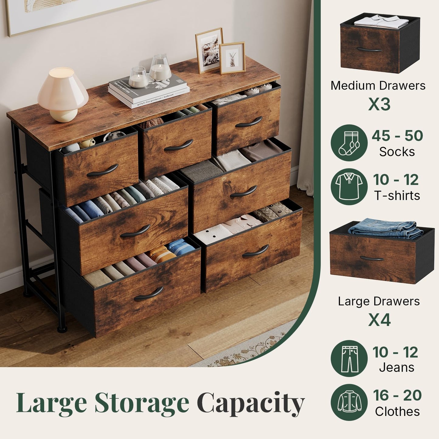 HAPPYMONT Fabric Dresser for Bedroom with 7 Drawers, Chest of Drawers, Wood Top and Metal Frame Organizer for Clothes, Closet, Entryway, Hallway, Living Room Furniture