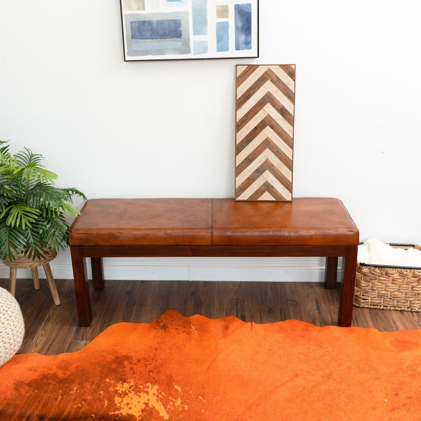 GDFStudio Mid-Century Modern Entry Bench, Tan Genuine Leather Rectangle Ottoman with Solid Wood Legs, Upholstered Dining Room Bench for Bedroom Living Room Hallway Indoor Home Furniture, Brown