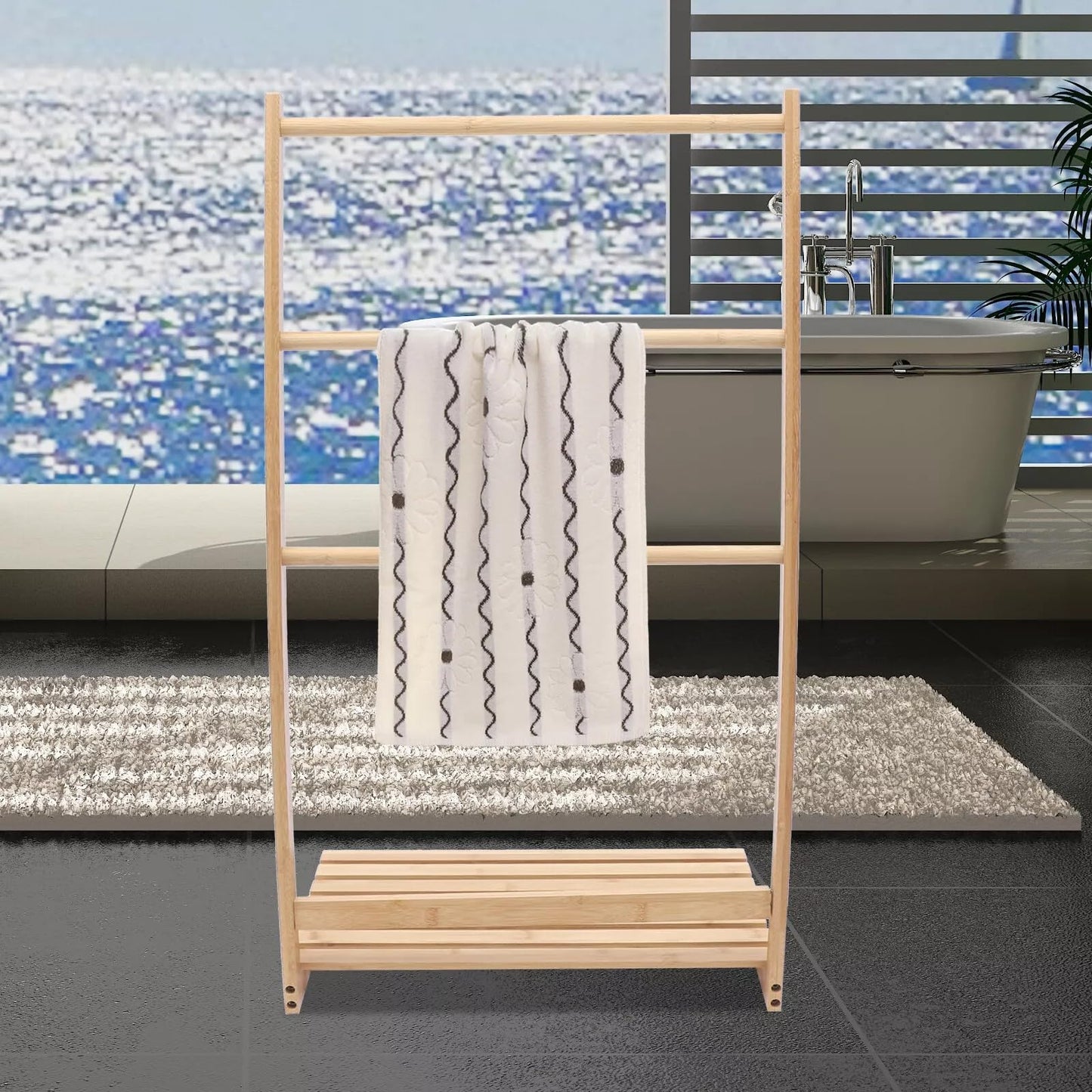 WOHAIPA Bamboo 3-Layer Floor to Ceiling Towel Rack, 33.27" Independent Bathroom Towel Holder w/Bottom Rack, Strong Load-Bearing Capacity, Sturdy and Durable, for Bathrooms, Hotels, Laundry Rooms