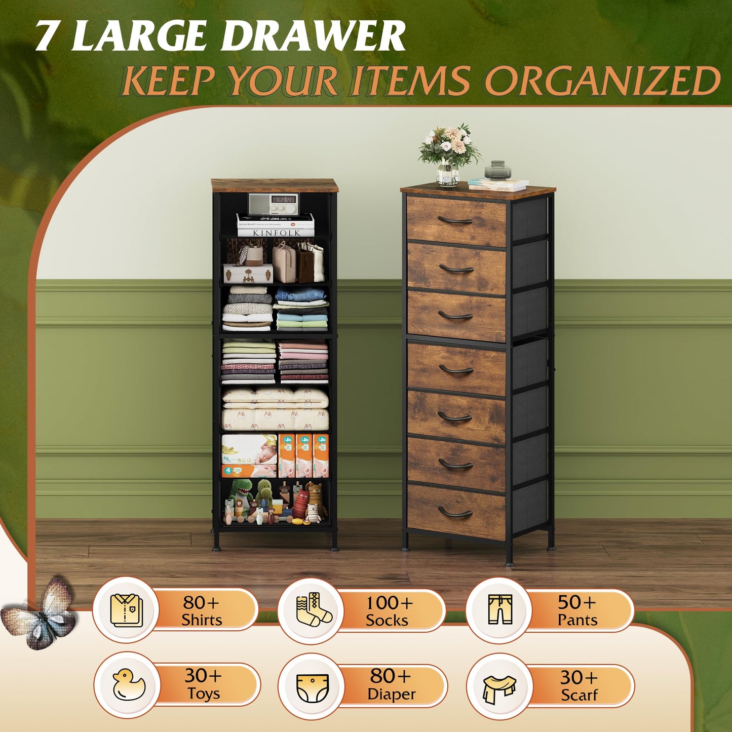 WLIVE Tall Dresser for Bedroom, 7 Drawer Dressers & Chests of Drawers, Fabric Dresser for Closet, Night Stand with Metal Frame, Storage Tower with Fabric Bins, Wood Top, Rustic Brown Wood Grain Print
