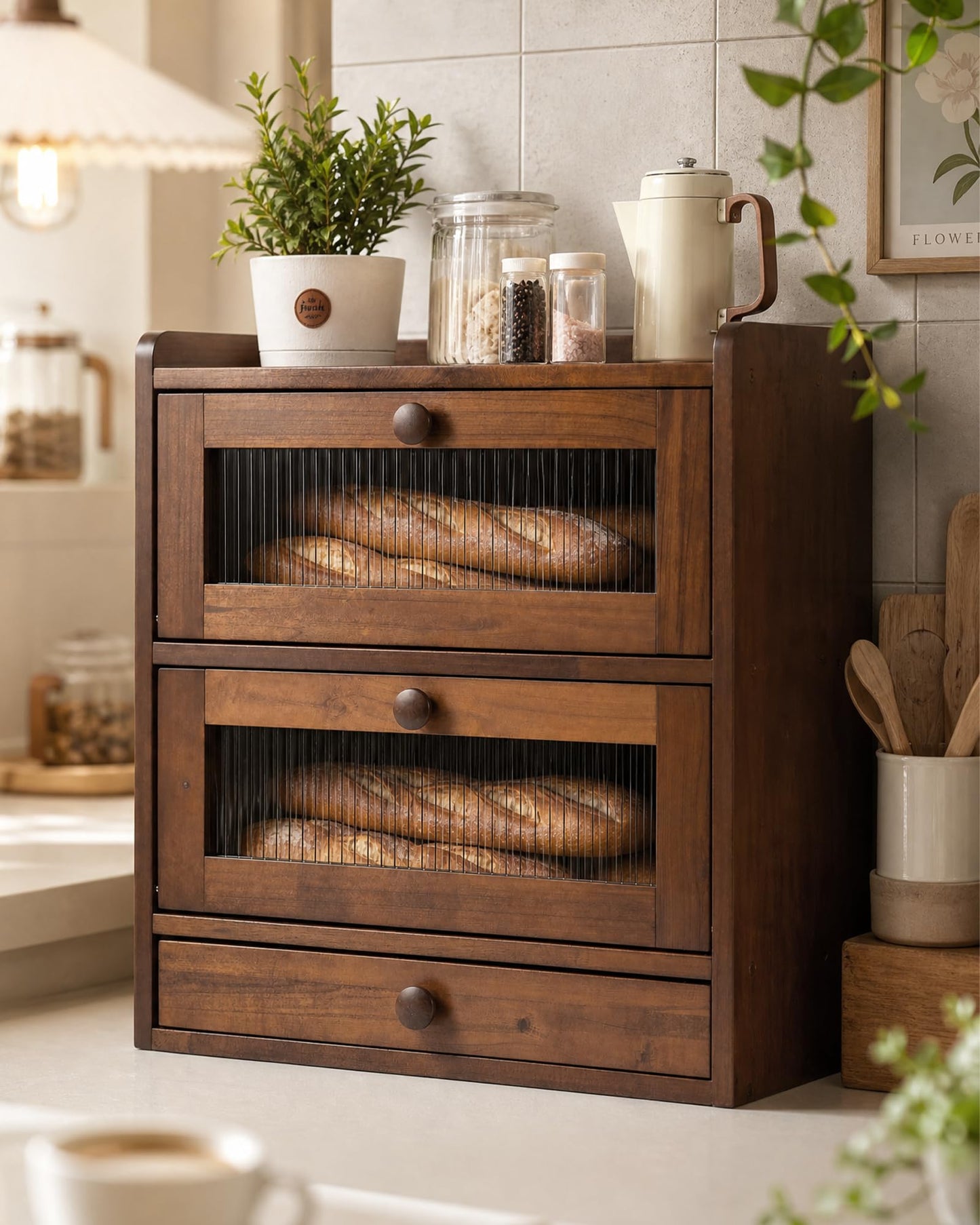 Natapai Wooden Bread Storage Box For Kitchen Countertops, Double-Layered Large-Capacity Bread Box With Acrylic Viewing Window And Cutlery Storage Box-Natual wood color