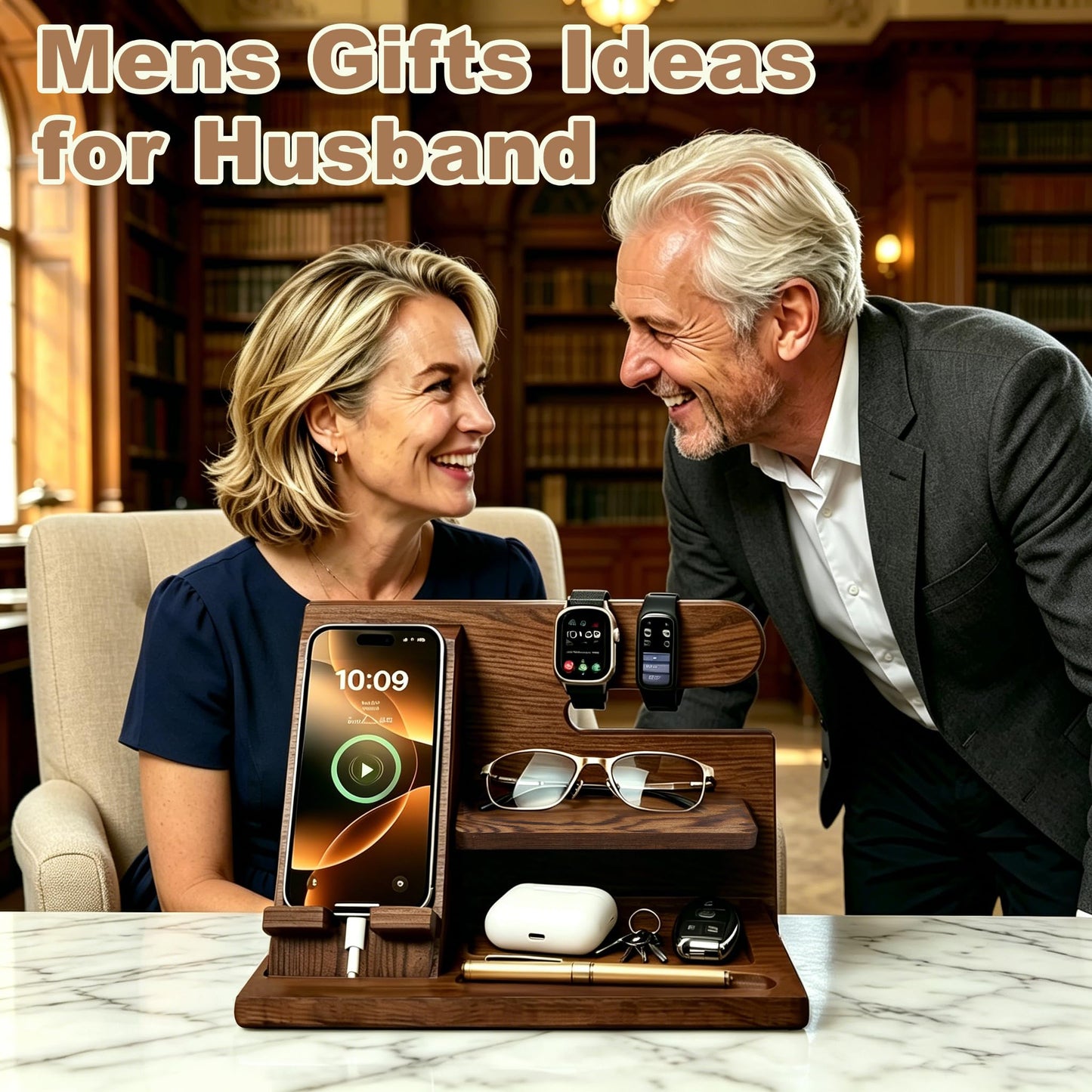 Iswabard Gifts for Men Wood Phone Docking Station Birthday Gift for Men Valentines Day Gifts Father Gift for Him Boyfriend Nightstand Organizer Desktop Phone Stand