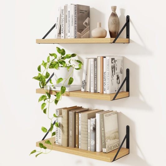 Feihorrm Book Shelf Set of 3, 16 inch Wall Mounted Bookshelf with Metal Brackets, Wall Shelves, Oak Book Shelves, Shelves on Wall, Wooden Bookshelves for Bedroom & Living Room