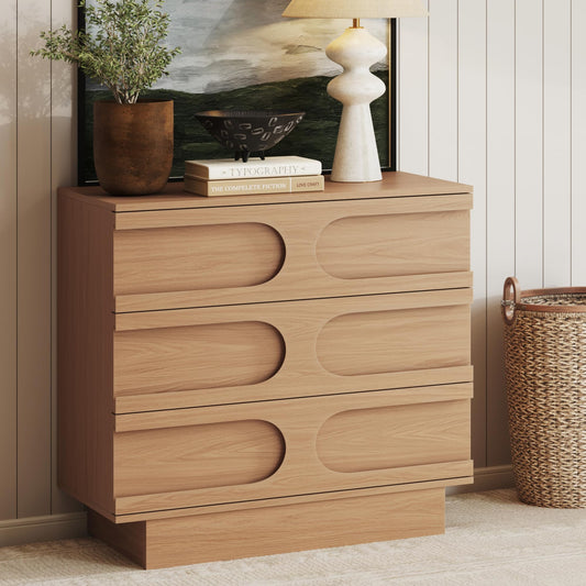 Nathan James Iris 3 Drawer Dresser, Mid-Century Modern Solid Wood Dresser for Bedroom, Raw Oak