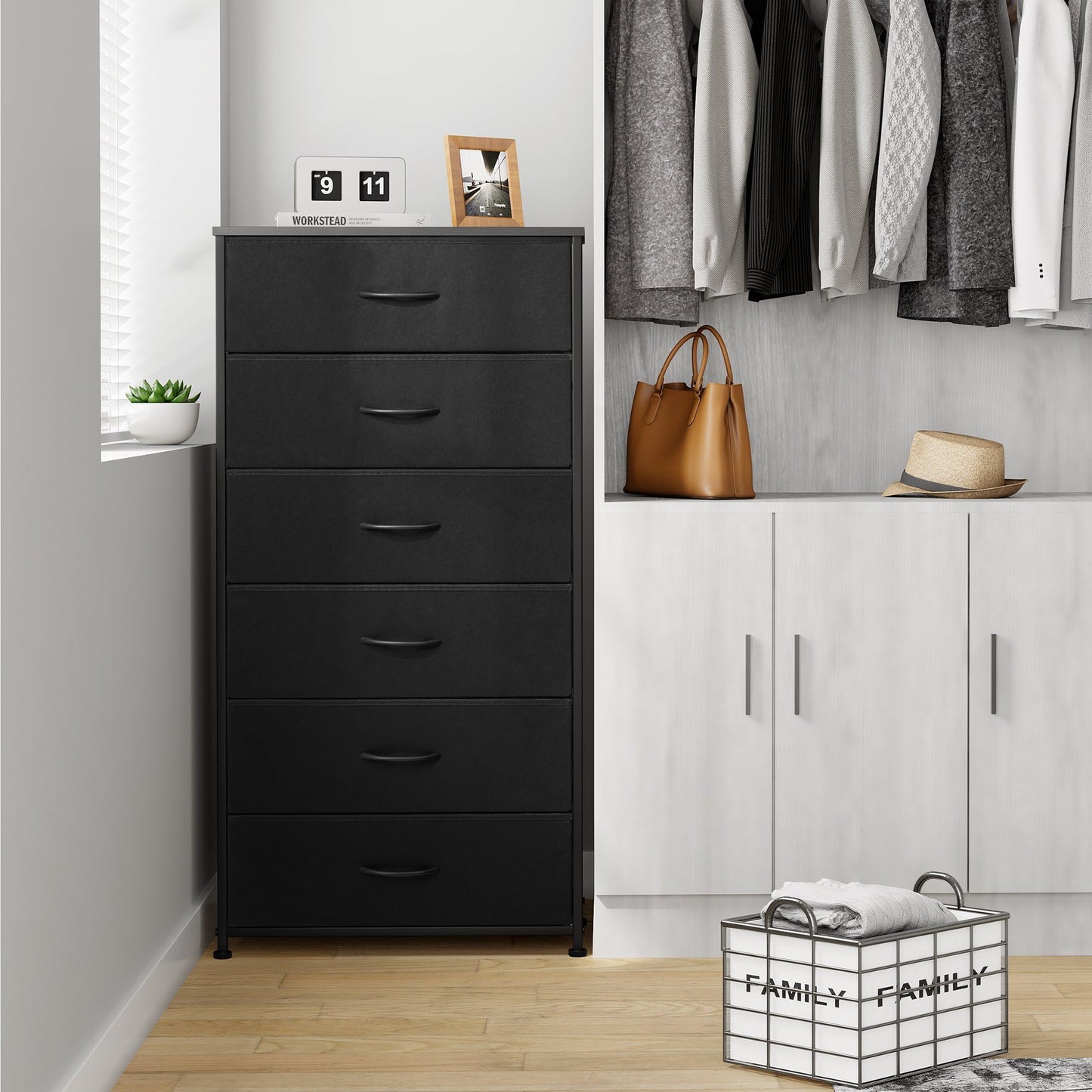 Crestlive Products Dresser for Bedroom with 6 Drawers, Tall Chest of Drawers, Black Dressers Bedroom Furniture, Storage Organizer Unit with Bins for Closet, Hallway, Living Room, Entryway