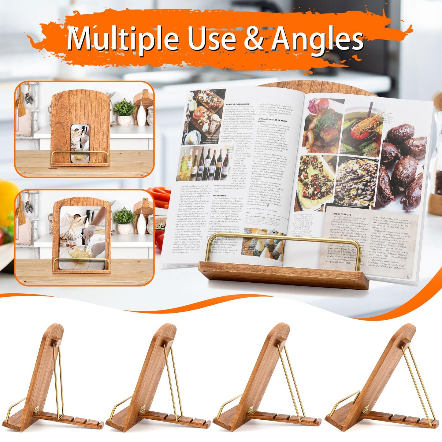 Cookbook Stand for Kitchen Counter Adjustable - Wood Recipe Book Holder for Convenient Cooking Fit iPad Tablet Recipe Book Holder