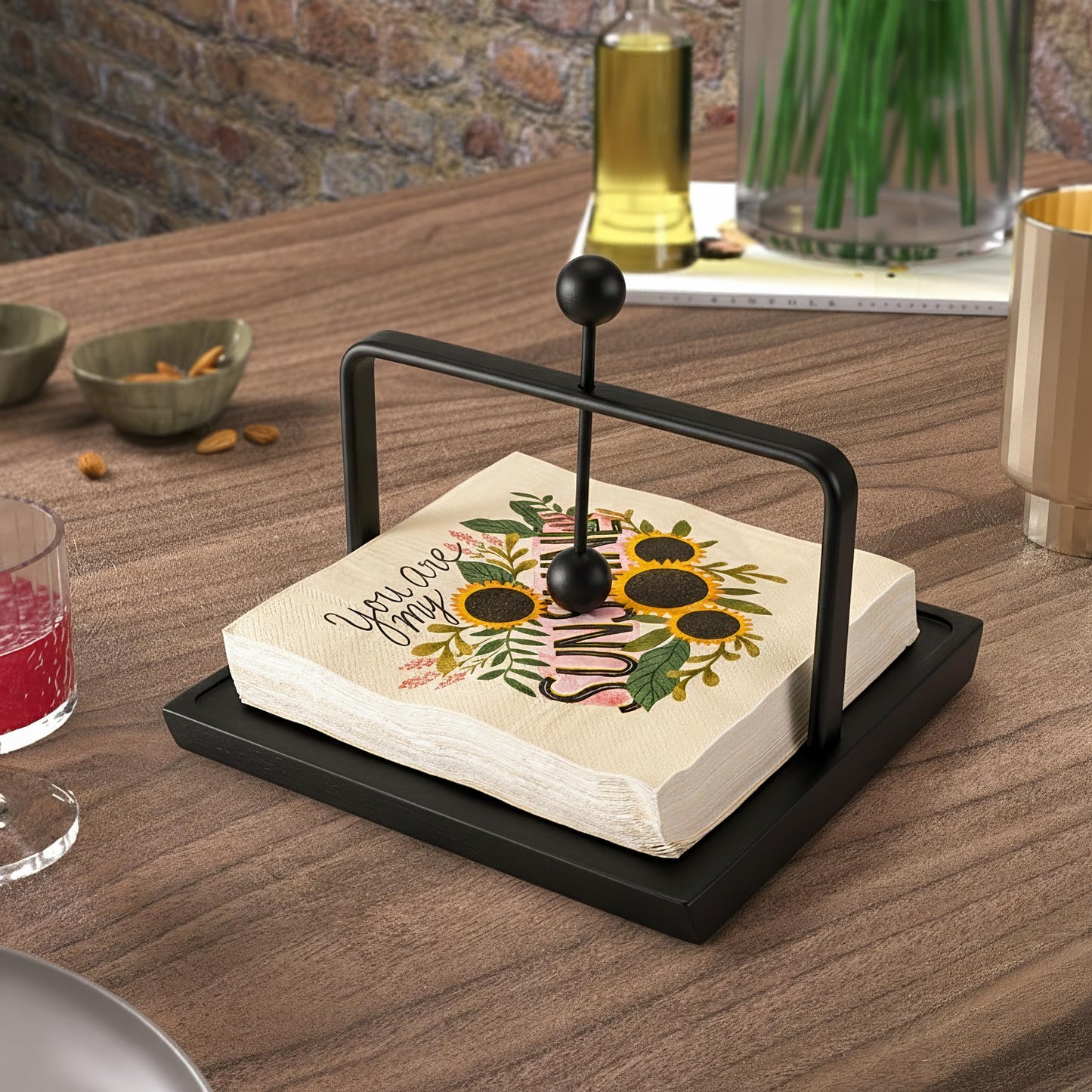 ALLCENER Napkin Holder for Table with Weighted Arm | Black Modern Flat Napkin Holder | Matte Metal & Wood Design for Kitchen Counter, Dining, and Outdoor Patio