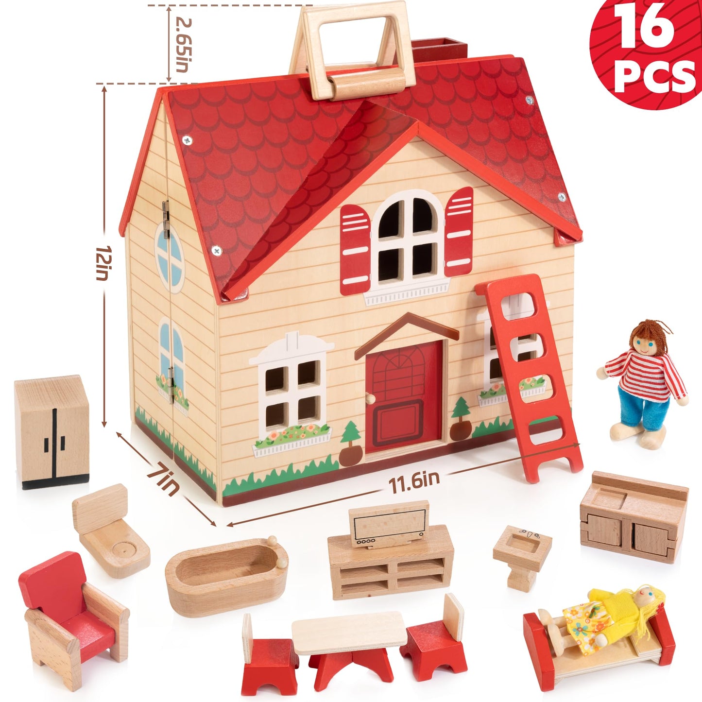Foldable Wooden Dollhouse with 13PCS Furniture, 4 Rooms and 2 Flexible Dolls, Pretend Play Doll House Set with Portable Handle, Christmas Birthday Gift for Boys Girls Age 3+, Cottages