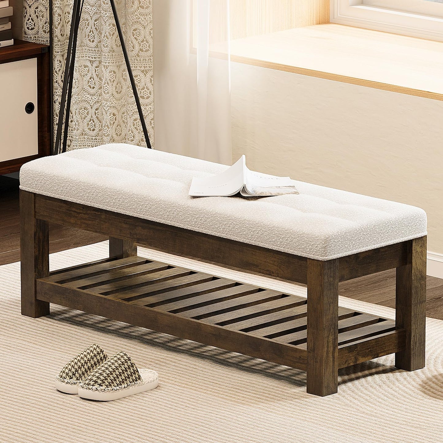 Welfuturer Large Upholstered Ottoman Bench Entryway Storage Benches Tufted Linen Ottoman Bench with Wood Shelf Padded End of Bed Bench for Bedroom Living Room Hallway Decor