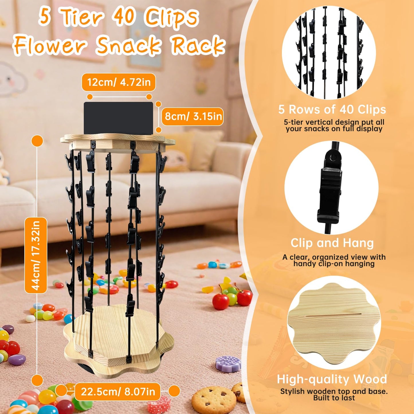 Mazatzal 5 Tiers 40 Clips Chip Rack Display Stand, 360° Rotating Snack Organizer with Flower Shape Wooden Base, Countertop Candy Holder for Party, Retail Store, with Message Board